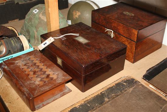 Victorian burr walnut toilet case, a rosewood work box and another box